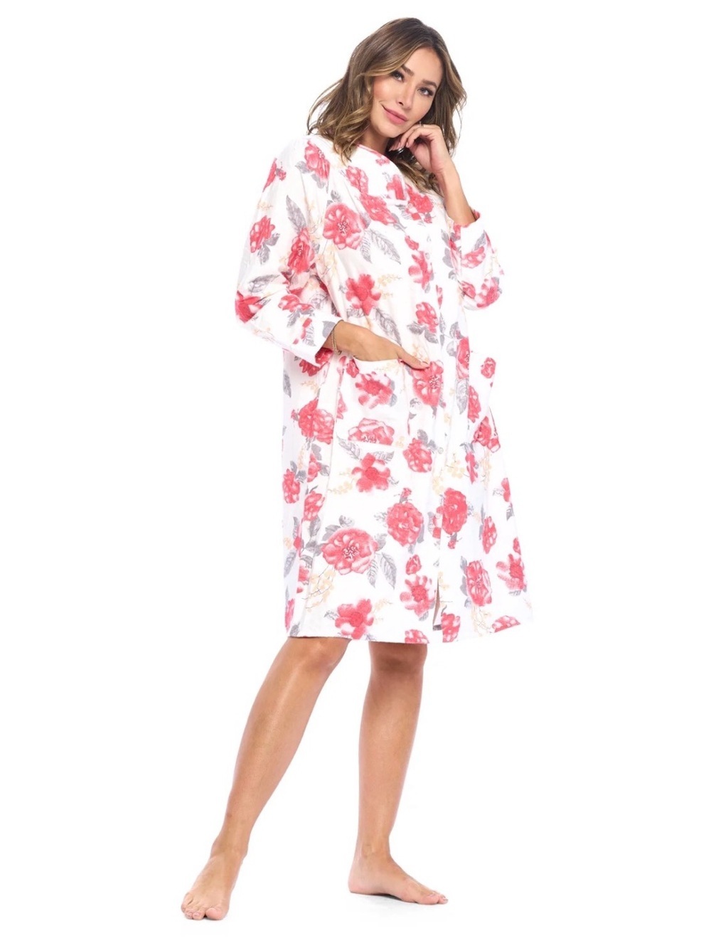 Floral Coral and White Quilted Robe - Picture 1 of 13